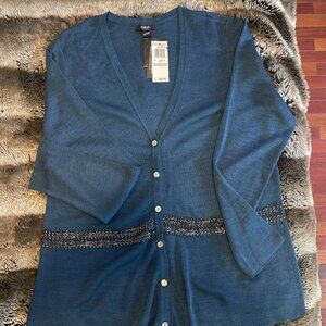 NWT Alfani 100% Silk Sapphire V-Neck Embellished Cardigan Size 1X
